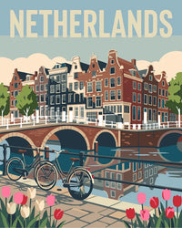 Thumbnail for Netherlands travel poster Paint By Numbers, tulips, bicycle and city