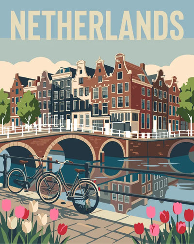 Netherlands travel poster Paint By Numbers, tulips, bicycle and city