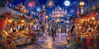 Night market, palace and fireworks paint by numbers scene. Festive and colorful night.