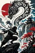 Thumbnail for Ninja, dragon and waterfall Paint By Numbers. Black, white and red.