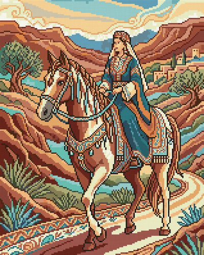 Diamond painting-motiv med en kvinna på en dekorerad häst i ett ökenlandskap med berg