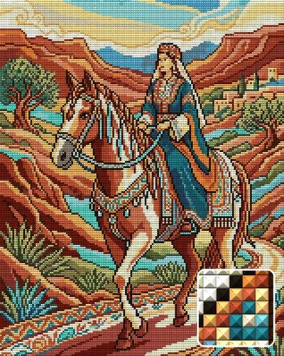 Noble Woman Riding Horse, 40x50 cm diamond painting – finished design preview with a close-up of square drills