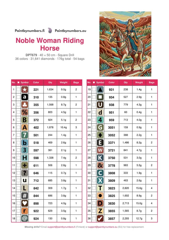 DMC color chart for Noble Woman Riding Horse diamond painting - 36 colors