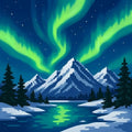 Thumbnail for Diamond Painting with northern lights above snowy mountains and reflecting lake.