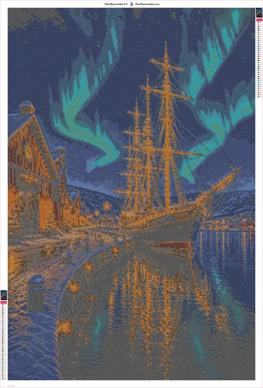 Diamond painting adhesive canvas preview - Northern Lights Ship