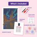 Thumbnail for What is included in the Northern Lights Ship diamond painting kit - adhesive canvas, reference sheet, tools and numbered drill bags
