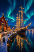 Thumbnail for Diamond Painting of an illuminated sailing ship in a snowy harbor under northern lights.