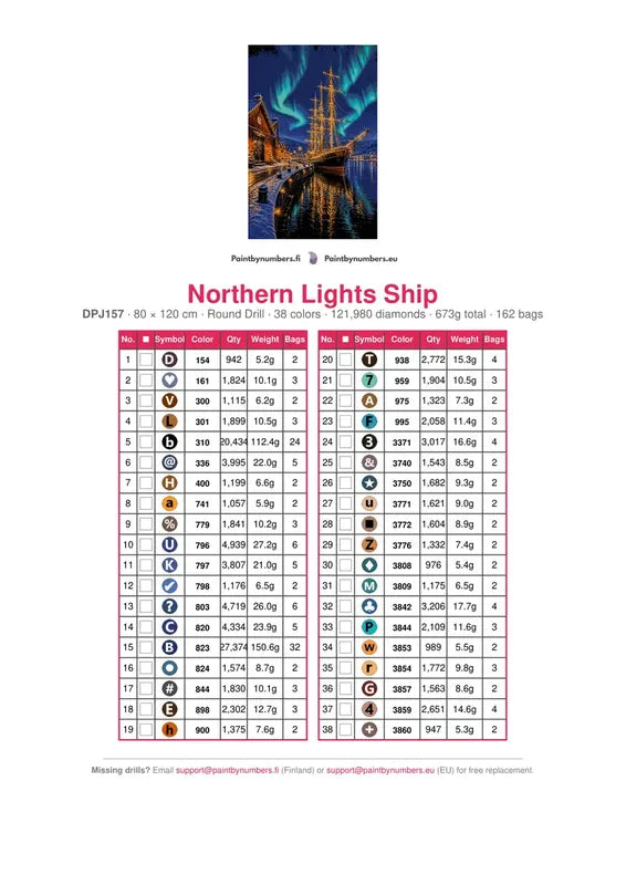DMC color chart for Northern Lights Ship diamond painting - 38 colors