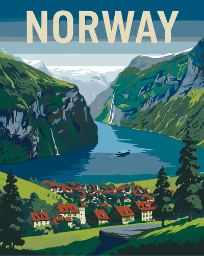 Norway travel poster Paint By Numbers, mountains and river landscape