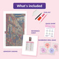 Thumbnail for What is included in the Notting Hill Umbrella Parade diamond painting kit - adhesive canvas, reference sheet, tools and numbered drill bags