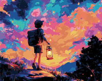 Thumbnail for Numeromaalaus retkeilijästä, joka kantaa lyhtyä värikkään taivaan alla.