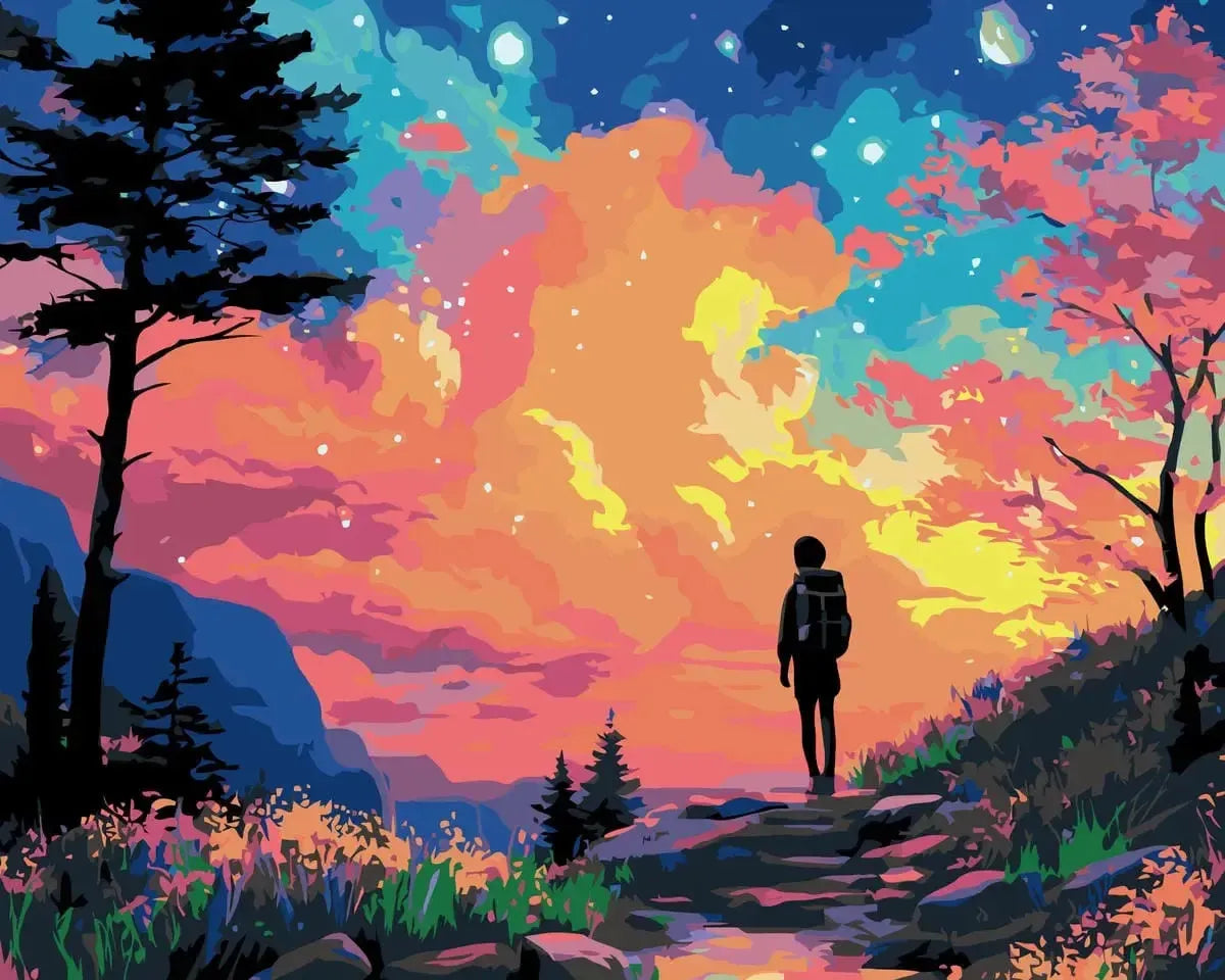 Numeromaalaus vaeltajasta polulla tähtitaivaan ja auringonlaskun loisteessa.