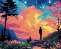 Thumbnail for Numeromaalaus vaeltajasta polulla tähtitaivaan ja auringonlaskun loisteessa.