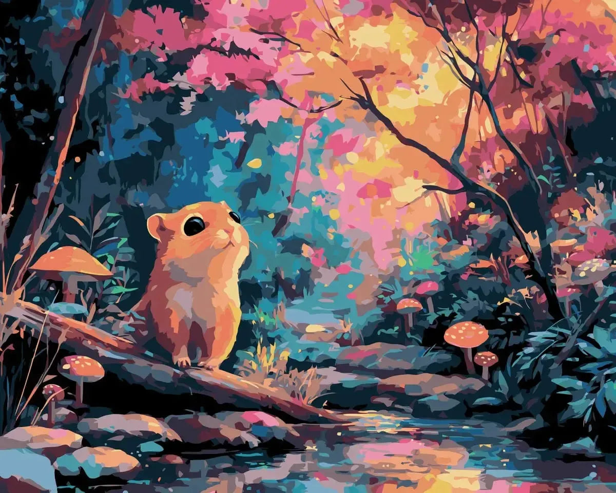 Numeromaalaus söpöstä metsän pikkueläimestä satumaisessa metsämaisemassa.