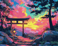 Thumbnail for Numeromaalaus torii-portista värikkään auringonlaskun edessä.