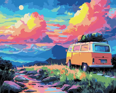 Paint By Numbers from the campervan in the sunset landscape.