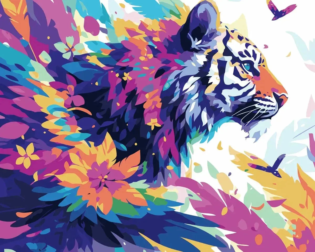 Numeromaalaus värikkäästä tiikeristä kukkien ja lehtien keskellä.