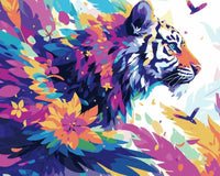 Thumbnail for Numeromaalaus värikkäästä tiikeristä kukkien ja lehtien keskellä.