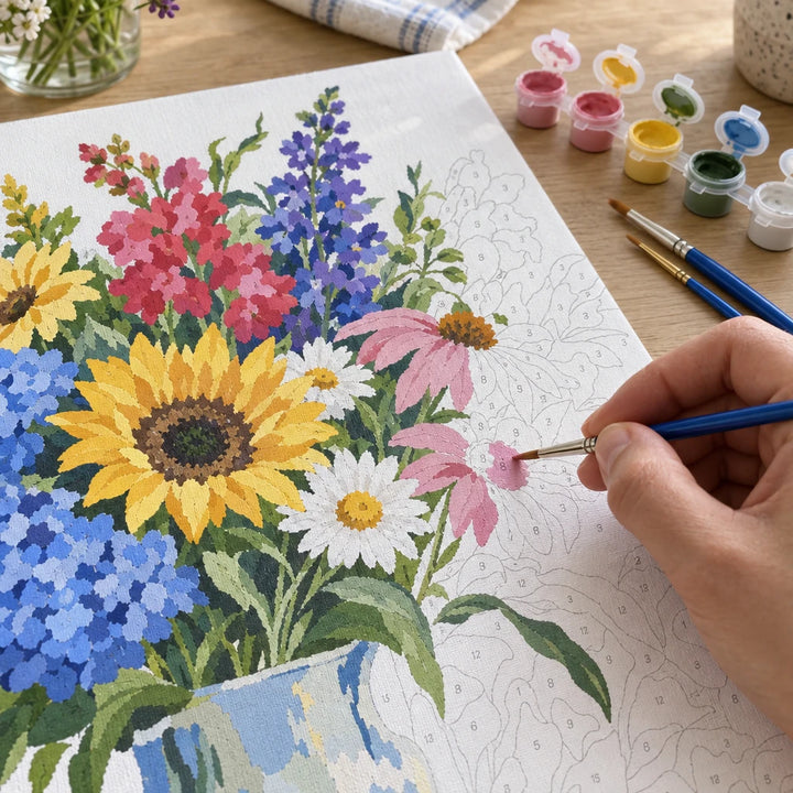 A paint by numbers flower still life in progress, with paints and brushes on the table