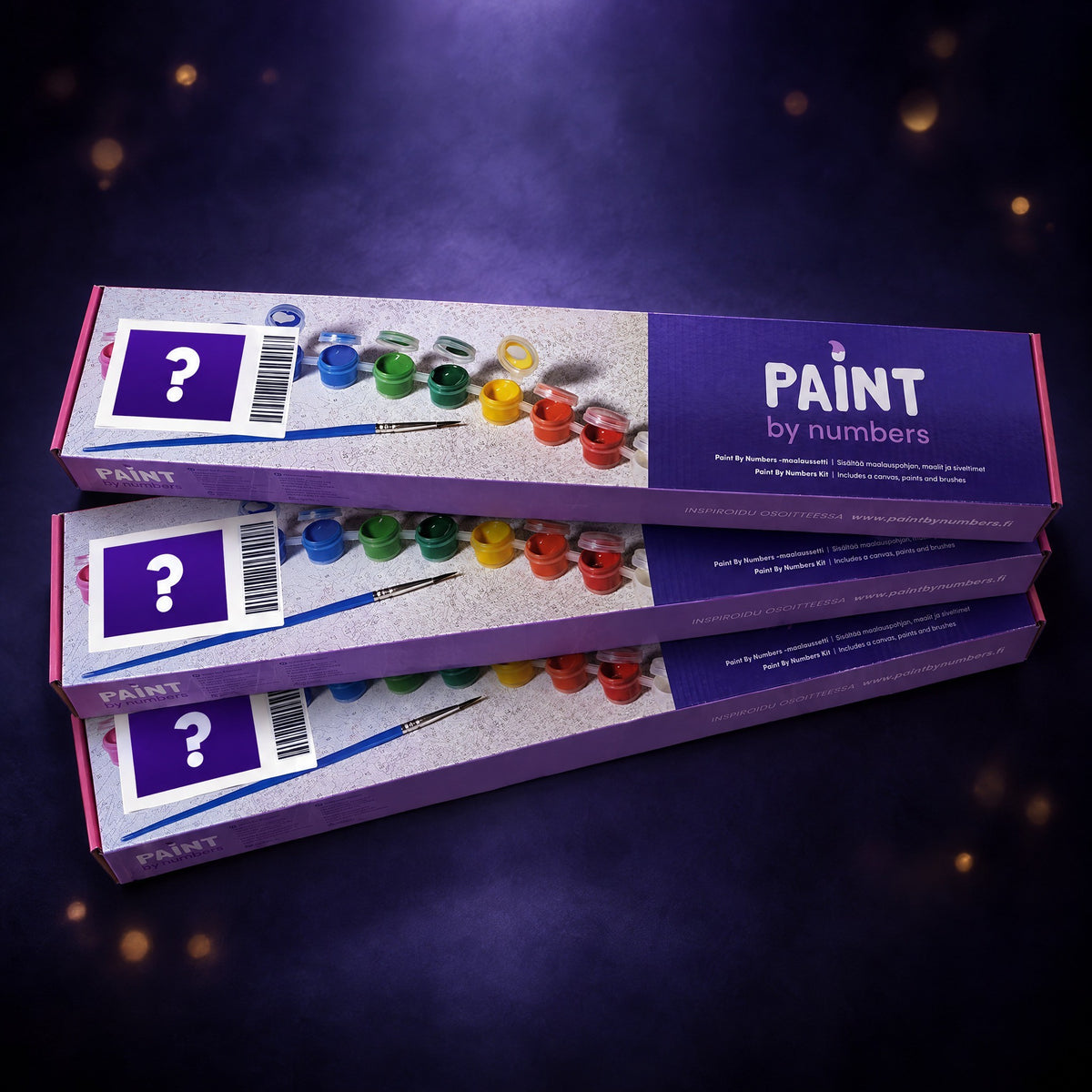 Three Paint by Numbers boxes with question marks on their labels