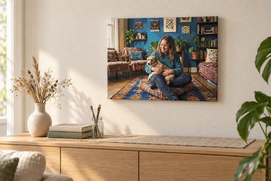 A finished paint by numbers painting on a living room wall
