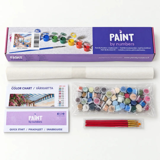 Contents of a paint by numbers kit: box, rolled canvas, numbered paints, brushes, colour chart and quick guide