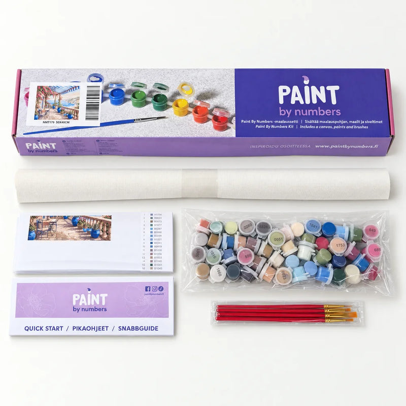 Paint by numbers kit contents: box, rolled canvas, numbered acrylic paints, 4 brushes, number stickers, colour list and quick start guide - Bakery Window Cat 30x40cm