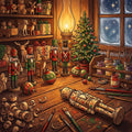 Thumbnail for Diamond painting featuring a Christmas workshop, nutcrackers, ornaments, and a tree in a warm atmosphere.