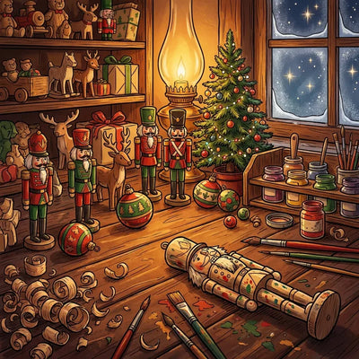 Diamond painting featuring a Christmas workshop, nutcrackers, ornaments, and a tree in a warm atmosphere.