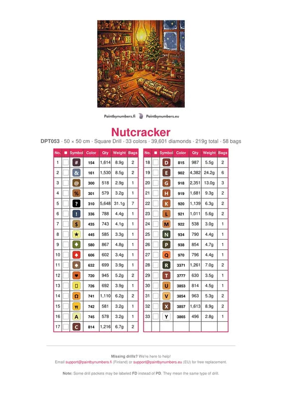 Nutcracker diamond painting color chart – 33 DMC colors