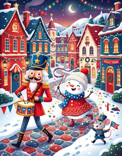 Diamond Painting of a winter parade in a storybook village with colorful houses and characters.