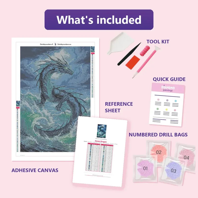 Ocean Dragon 40x60cm diamond painting kit contents: adhesive canvas, color chart, tools and diamond bags