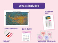 Thumbnail for What is included in the Ocean Sunset Wave diamond painting kit - adhesive canvas, reference sheet, tools and numbered drill bags