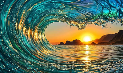 Diamond Painting of a large ocean wave and sunset seascape.