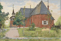 Thumbnail for Paint by numbers of Carl Larsson's Old Sundborn Church: a red church, bell tower and low sun behind trees.