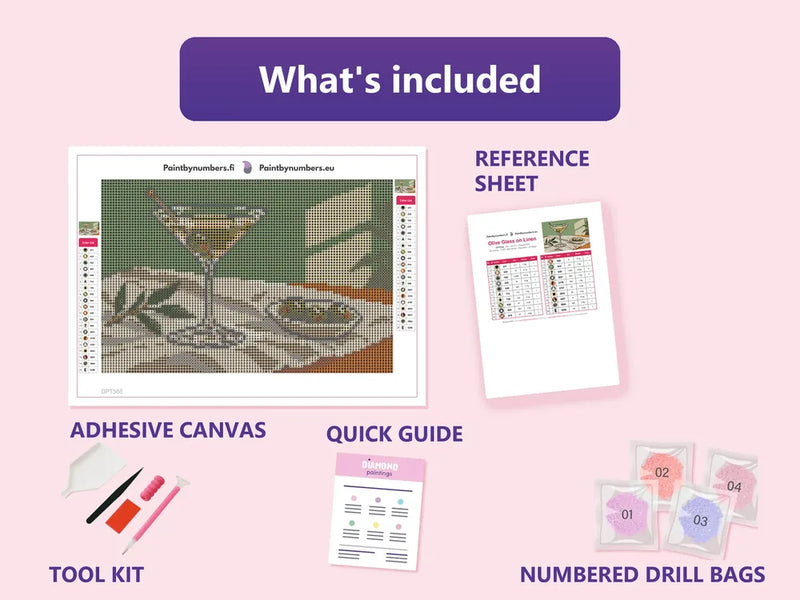 What is included in the Olive Glass on Linen diamond painting kit - adhesive canvas, reference sheet, tools and numbered drill bags