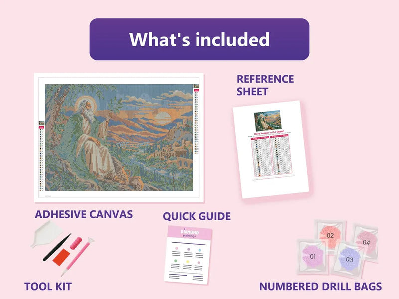 What is included in the Olive Keeper in the Desert diamond painting kit - adhesive canvas, reference sheet, tools and numbered drill bags