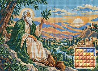Olive Keeper in the Desert, 55x40 cm diamond painting – finished design preview with a close-up of square drills