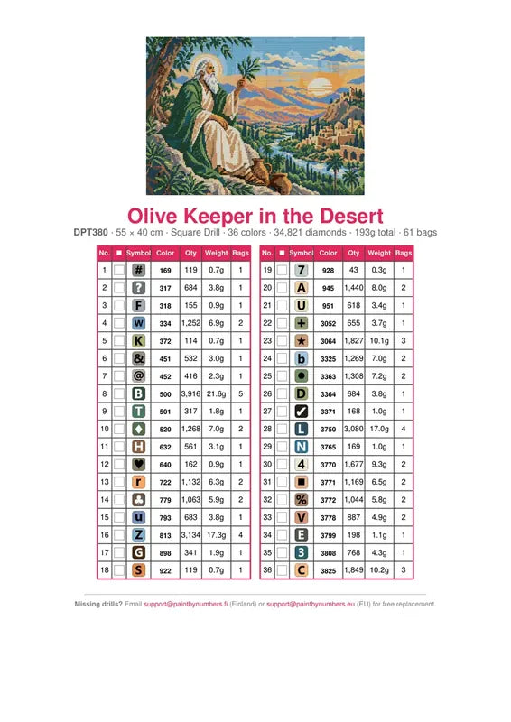 DMC color chart for Olive Keeper in the Desert diamond painting - 36 colors