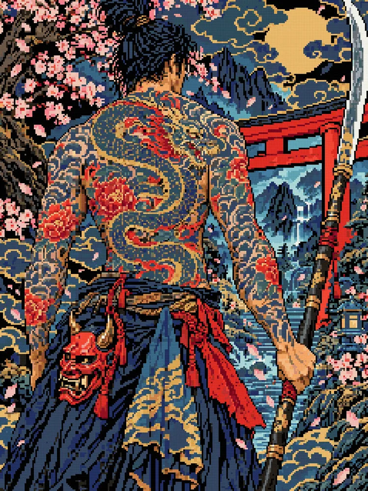 Oni Mask Warrior, 60x80 cm diamond painting – finished design preview