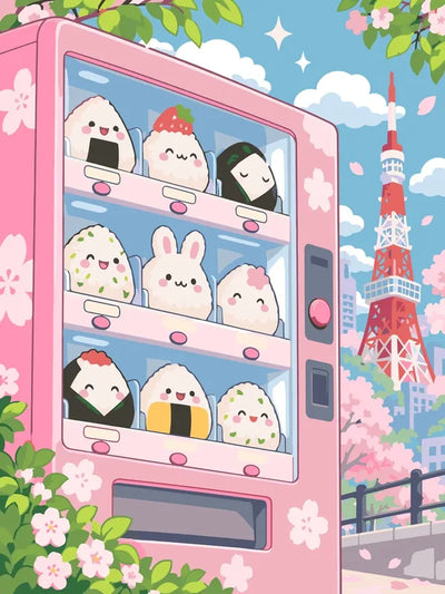 Onigiri rice balls in a vending machine and cherry blossoms paint by numbers