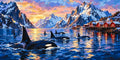 Thumbnail for Orcas in fjord, snowy mountains, and red houses paint by numbers.