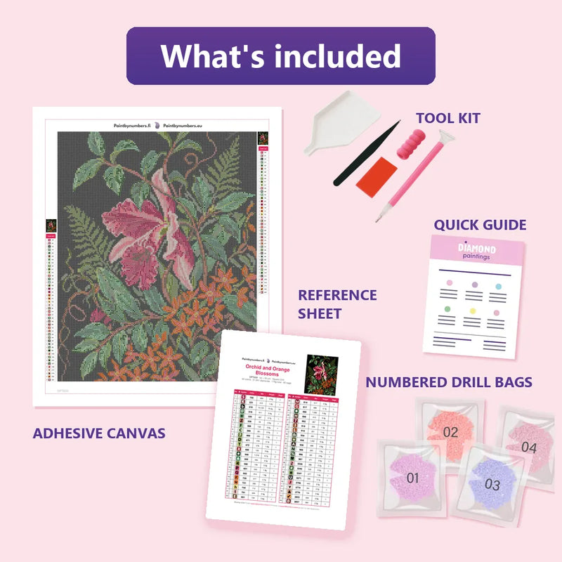What is included in the Orchid and Orange Blossoms diamond painting kit - adhesive canvas, reference sheet, tools and numbered drill bags