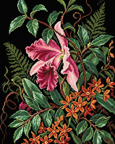 Diamond painting-motiv med en rosa orkidé och små orange blommor bland ormbunkar