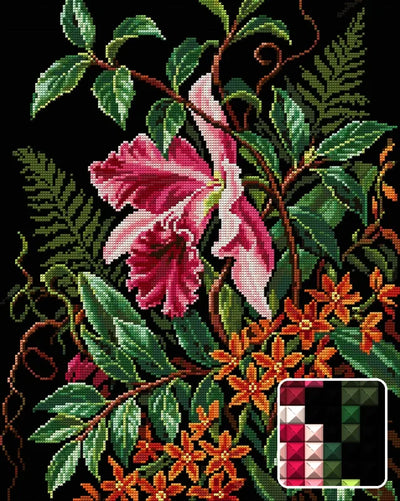 Orchid and Orange Blossoms, 40x50 cm diamond painting – finished design preview with a close-up of square drills