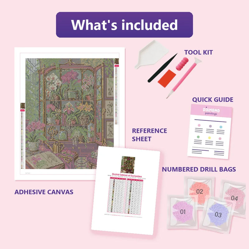 What is included in the Orchid Cabinet of Curiosities diamond painting kit - adhesive canvas, reference sheet, tools and numbered drill bags