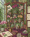 Miniatyrbild: Diamond painting-motiv med orkidéer i ett glasskåp med en vattenkanna och en bok intill