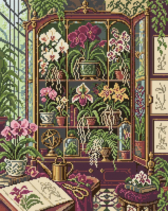 Diamond painting-motiv med orkidéer i ett glasskåp med en vattenkanna och en bok intill