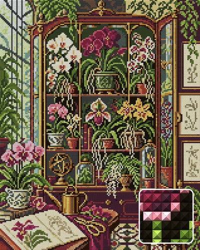Orchid Cabinet of Curiosities, 40x50 cm diamond painting – finished design preview with a close-up of square drills
