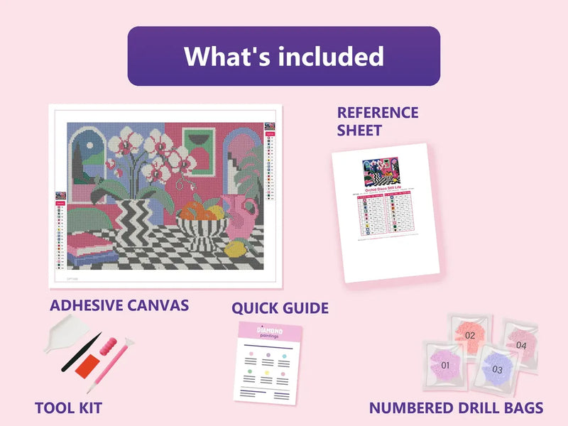 What is included in the Orchid Disco Still Life diamond painting kit - adhesive canvas, reference sheet, tools and numbered drill bags